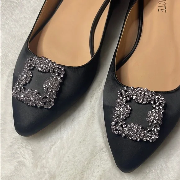 Black Embellished satin Women's Flats - Picture 2 of 9